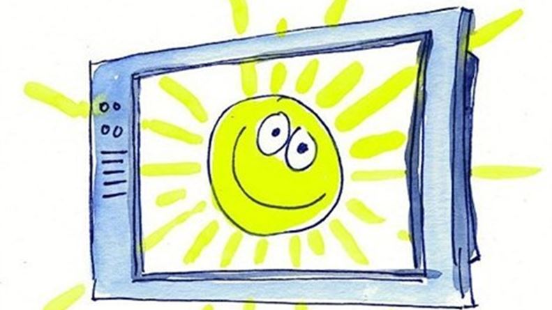 Tegning med tv hvor der er en glad sol på skærmen